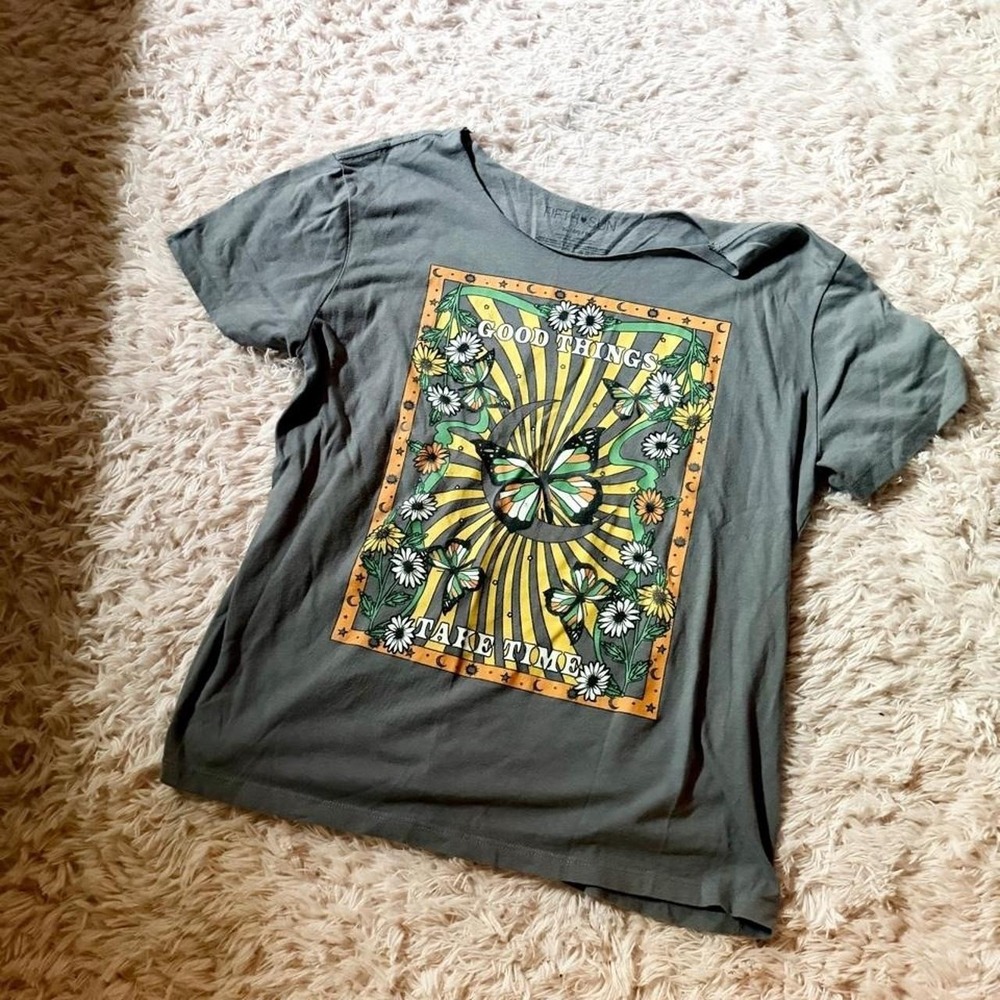 Retro 90s Grunge Hippie Stoner Good Vibes Off Shoulder Tee Womens XL Zodiac Boho